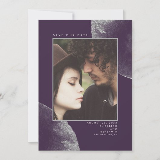 Silver Glitter Eggplant Paars Save the Date Photo (Voorkant)