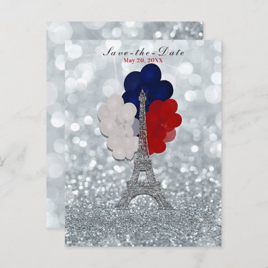 Silver Glitter Eiffel Tower Red Blue Save the Date Aankondigingskaart (Voorkant / Achterkant)