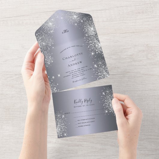 Silver glitter elegant bruiloft all in one uitnodiging (Afscheurbaar)