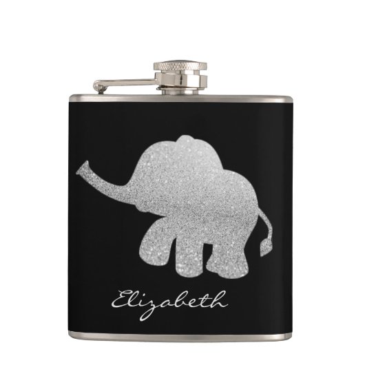 Silver Glitter Elephant, zwart - op maat Heupfles (Voorkant)