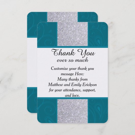 Silver Glitter en Aqua Blauwgroen met Zwematisch d Bedankkaart (Voorkant / Achterkant)