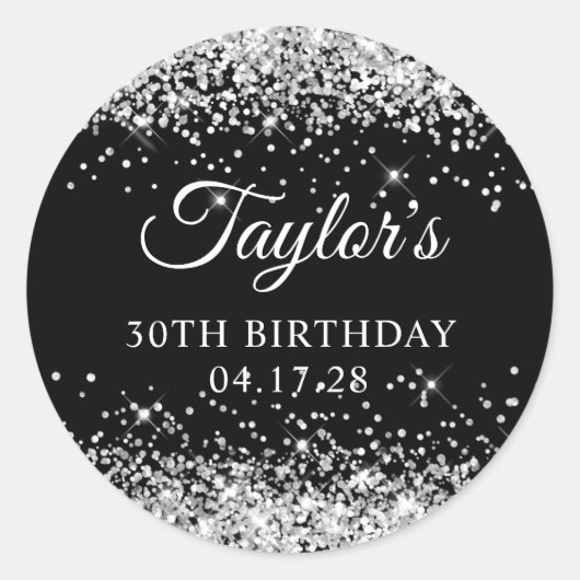 Silver Glitter en Black 30th Birthday Ronde Sticker (Voorkant)