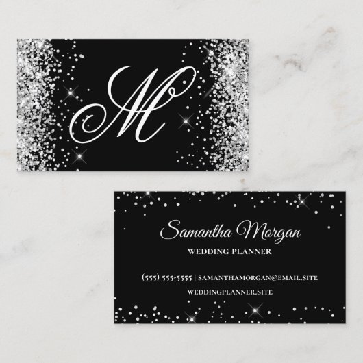Silver Glitter en Black Fancy Monogrammed Visitekaartje (Voorkant / Achterkant)