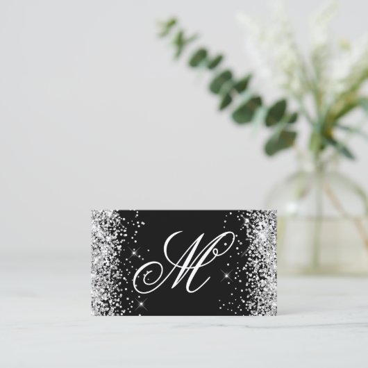 Silver Glitter en Black Fancy Monogrammed Visitekaartje (Staand voorkant)