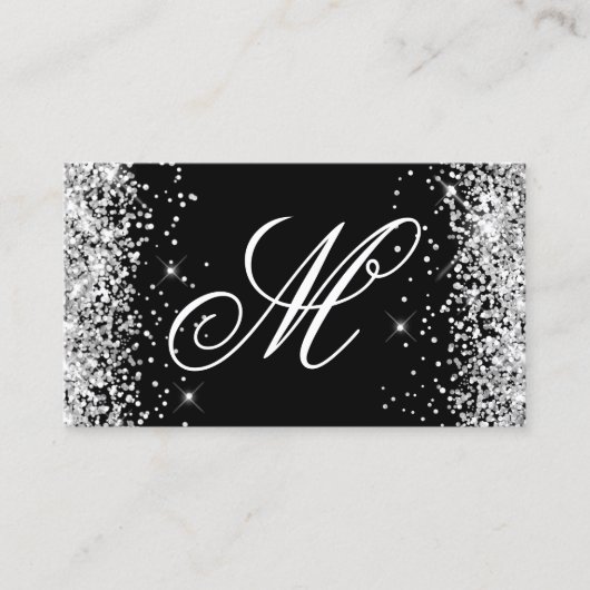 Silver Glitter en Black Fancy Monogrammed Visitekaartje (Voorkant)