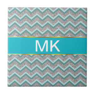 Silver Glitter en Blauwgroen ZigZag Tegeltje