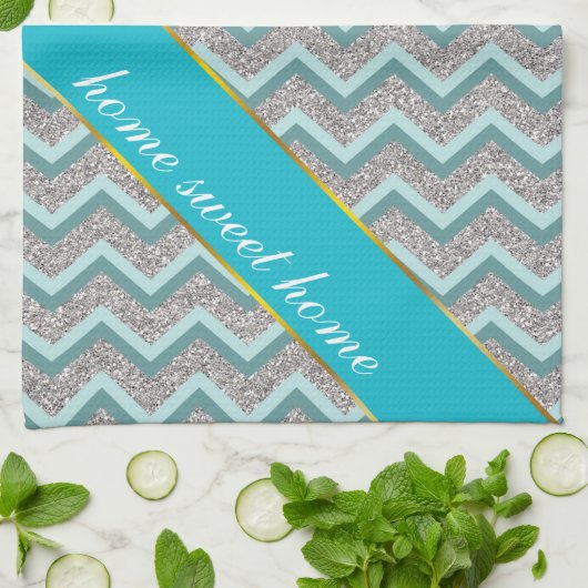 Silver Glitter en Blauwgroen ZigZag Theedoek (Gevouwen)