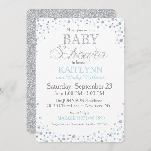Silver Glitter en Blue Sprinkle Baby shower Kaart (Voorkant / Achterkant)