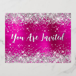 Silver Glitter en Hot Pink Glam 70th Birthday Folie Uitnodiging Briefkaart