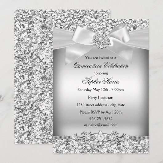 Silver Glitter en Jewel Bow Quinceanera Kaart (Voorkant / Achterkant)