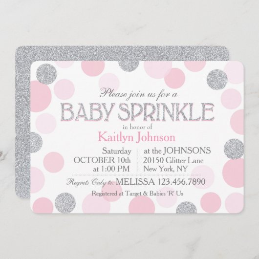 Silver Glitter en Pink Scattered Stippen Baby show Kaart (Voorkant / Achterkant)