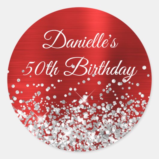 Silver Glitter en Red Folie 50th Birthday Ronde Sticker (Voorkant)