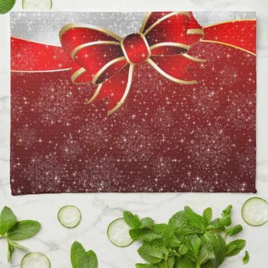 Silver Glitter en Red Kerstmis Sparkles Bow Theedoek (Gevouwen)