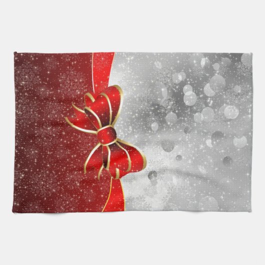 Silver Glitter en Red Kerstmis Sparkles Bow Theedoek (Horizontaal)