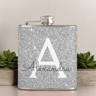 Silver Glitter en Sparkle Monogram Initiaal Heupfles