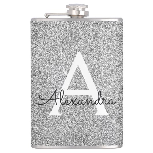 Silver Glitter en Sparkle Monogram Initiaal Heupfles (Voorkant)