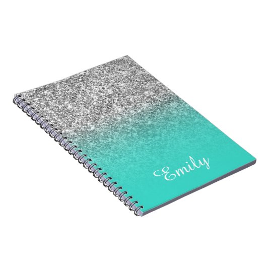 Silver Glitter en Turquoise Ombre Personalized Notitieboek (Rechterzijde)