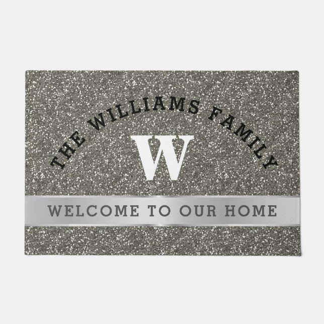 Silver Glitter Family Monogram Initiaal Welkom Deurmat (Voorkant)