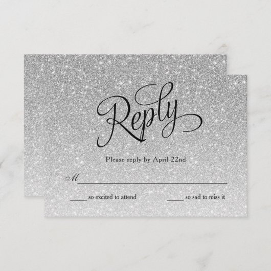 Silver Glitter Fancy Script Reply Kaart (Voorkant / Achterkant)