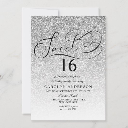 Silver Glitter Fancy Script Sweet 16 Birthday Kaart (Voorkant)