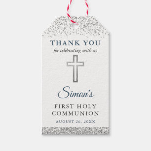 Silver Glitter First Heilige Communie Dank u Cadeaulabel