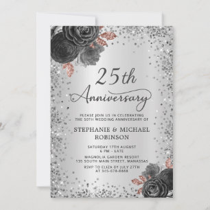 Silver Glitter Floral 25th Wedding Jubileum Kaart