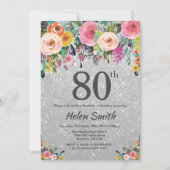 Silver Glitter Floral 80th Birthday Invitation Kaart (Voorkant)