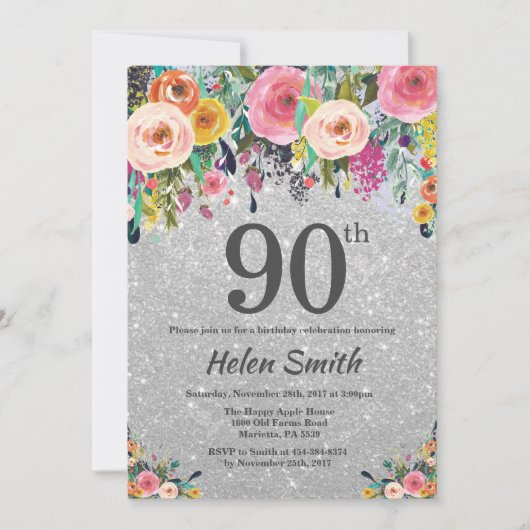 Silver Glitter Floral 90th Birthday Invitation Kaart (Voorkant)