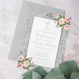Silver Glitter Floral Bevestiging of Christening Kaart