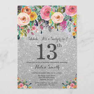 Silver Glitter Floral Surprise 13th Birthday Kaart