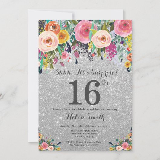 Silver Glitter Floral Surprise 16th Birthday Kaart (Voorkant)