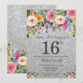 Silver Glitter Floral Surprise 16th Birthday Kaart (Voorkant / Achterkant)