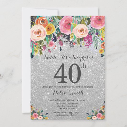 Silver Glitter Floral Surprise 40th Birthday Kaart (Voorkant)