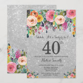 Silver Glitter Floral Surprise 40th Birthday Kaart (Voorkant / Achterkant)