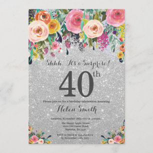 Silver Glitter Floral Surprise 40th Birthday Kaart
