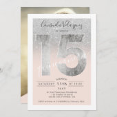 Silver glitter-foliemanuscript blush quinceanera f kaart (Voorkant / Achterkant)