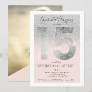 Silver glitter-foliemanuscript blush quinceanera f kaart