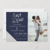 Silver glitter foto navy blue save the date (Voorkant)