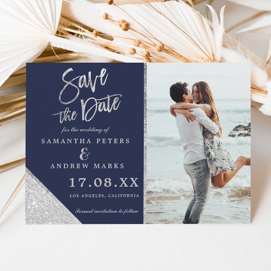 Silver glitter foto navy blue save the date