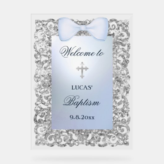 Silver Glitter Frame Blue Bow Baptism Welcome Acryl Bord (Voorkant)