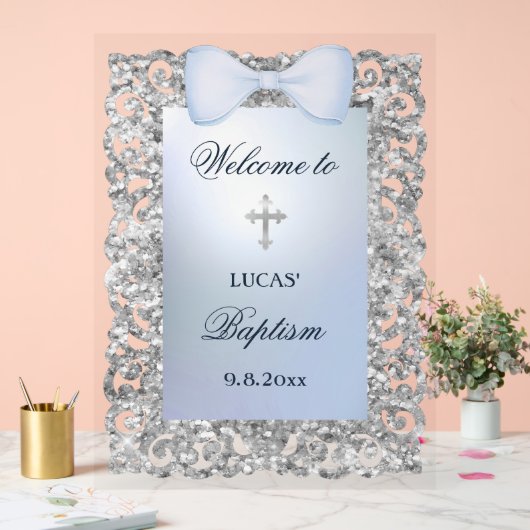 Silver Glitter Frame Blue Bow Baptism Welcome Acryl Bord (Huwelijk)