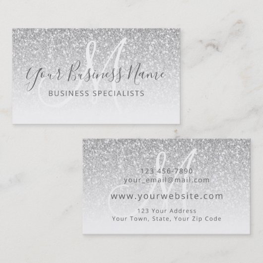 Silver Glitter Girly Script Business Logo Monogram Visitekaartje (Voorkant / Achterkant)