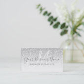 Silver Glitter Girly Script Business Logo Monogram Visitekaartje (Staand voorkant)