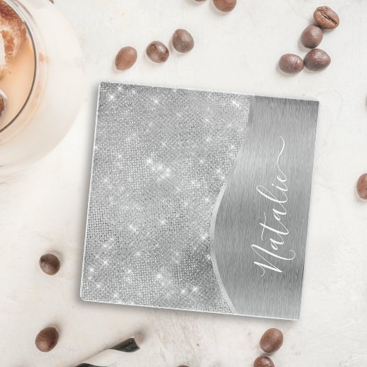 Silver Glitter Glam Bling Personalized Metallic Glazen Onderzetter