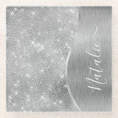Silver Glitter Glam Bling Personalized Metallic Glazen Onderzetter (Voorkant)