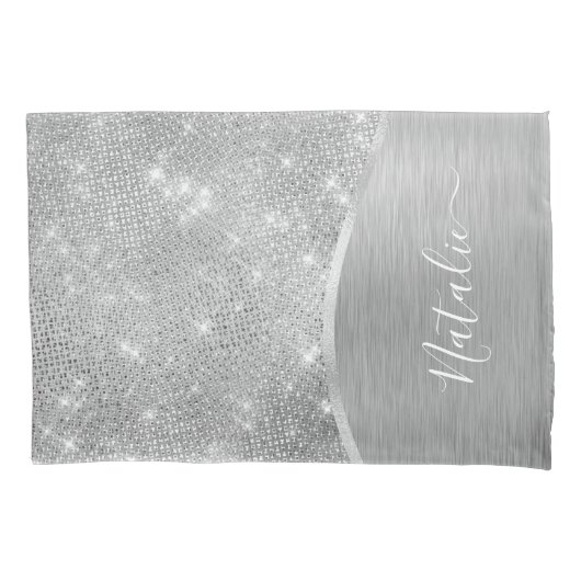 Silver Glitter Glam Bling Personalized Metallic Kussensloop (Voorkant)