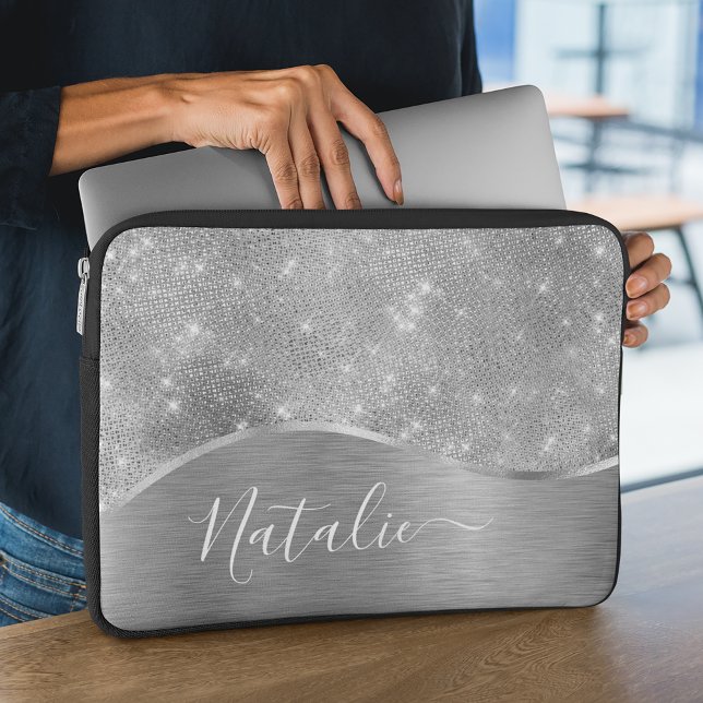 Silver Glitter Glam Bling Personalized Metallic Laptop Sleeve (Creator heeft geüpload)