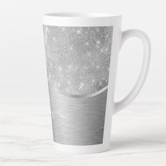 Silver Glitter Glam Bling Personalized Metallic Latte Mok (Rechts)