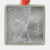 Silver Glitter Glam Bling Personalized Metallic Metalen Ornament (Voorkant)