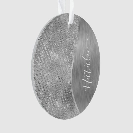 Silver Glitter Glam Bling Personalized Metallic Ornament (voorkant)